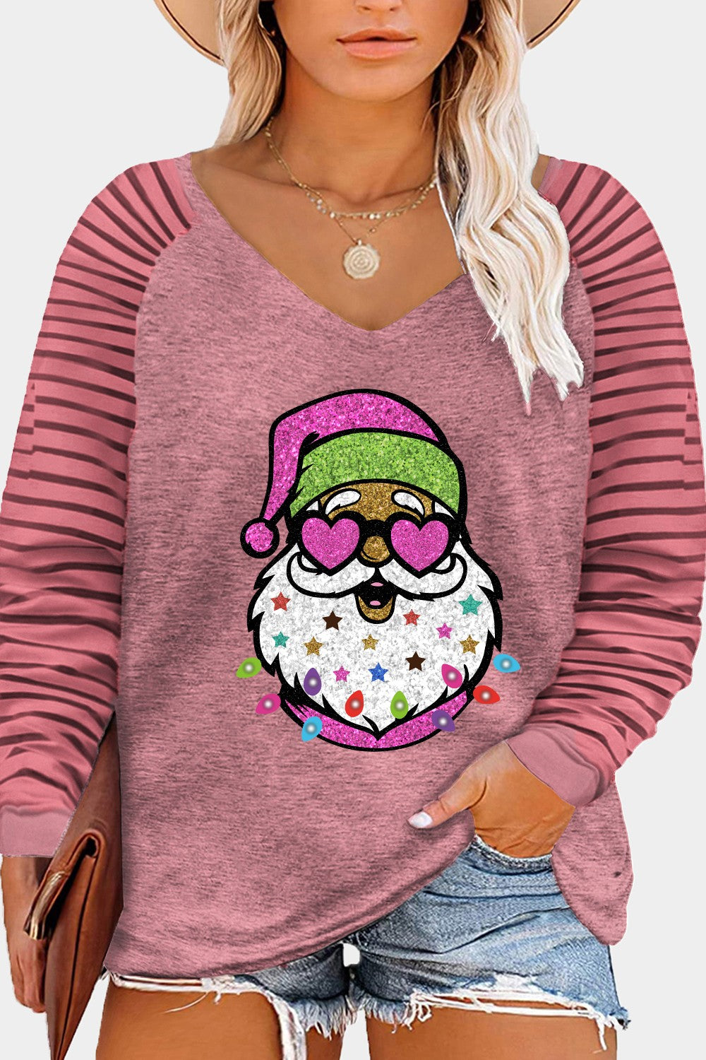 Plus Size Santa Graphic Striped Long Sleeve T-Shirt