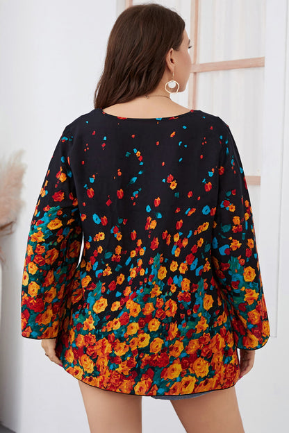 Melo Apparel Plus Size Floral Round Neck Long Sleeve Blouse