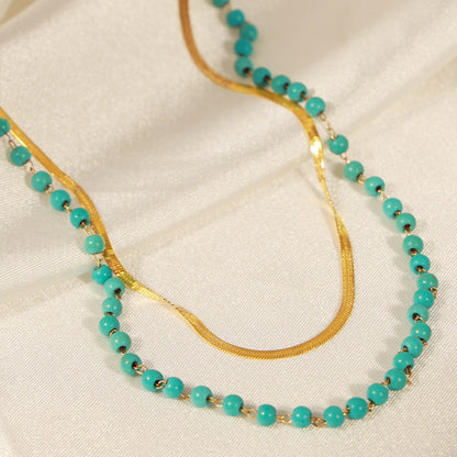 Turquoise Titanium Steel Double-Layered Necklace