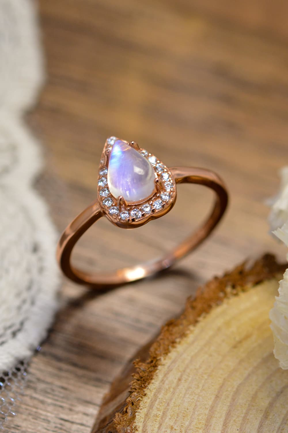 Moonstone Teardrop 925 Sterling Silver Halo Ring