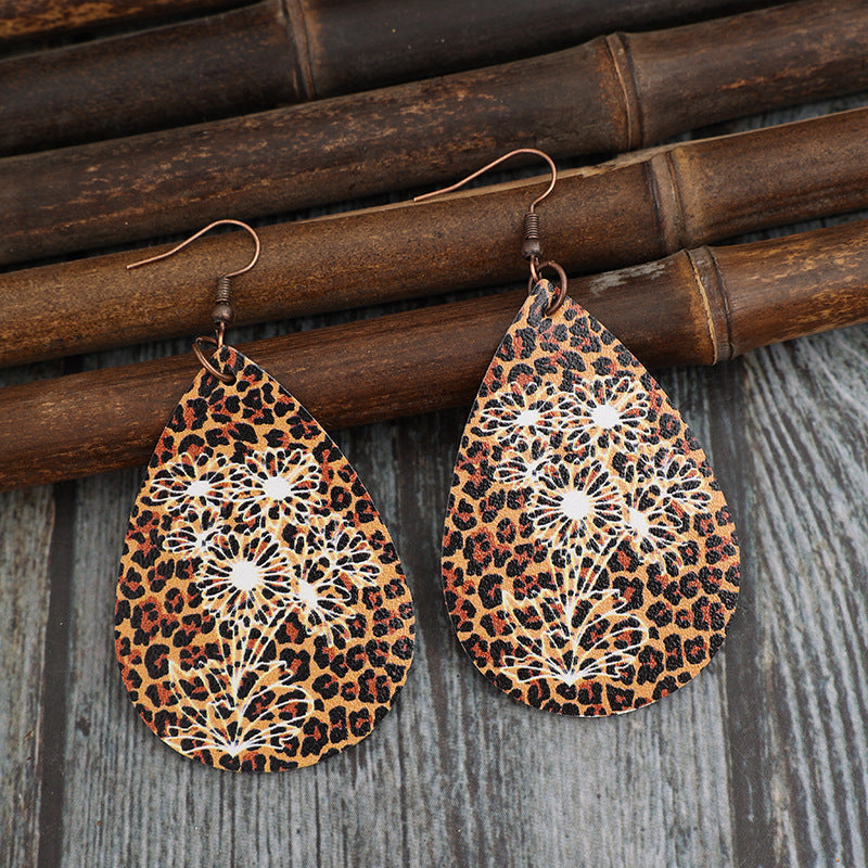 Leopard PU Leather Teardrop Shape Earrings