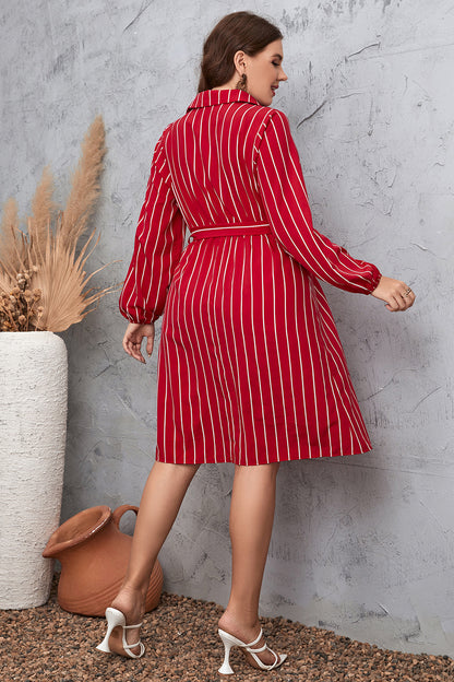 Plus Size Striped Tie Waist Shirt Dress