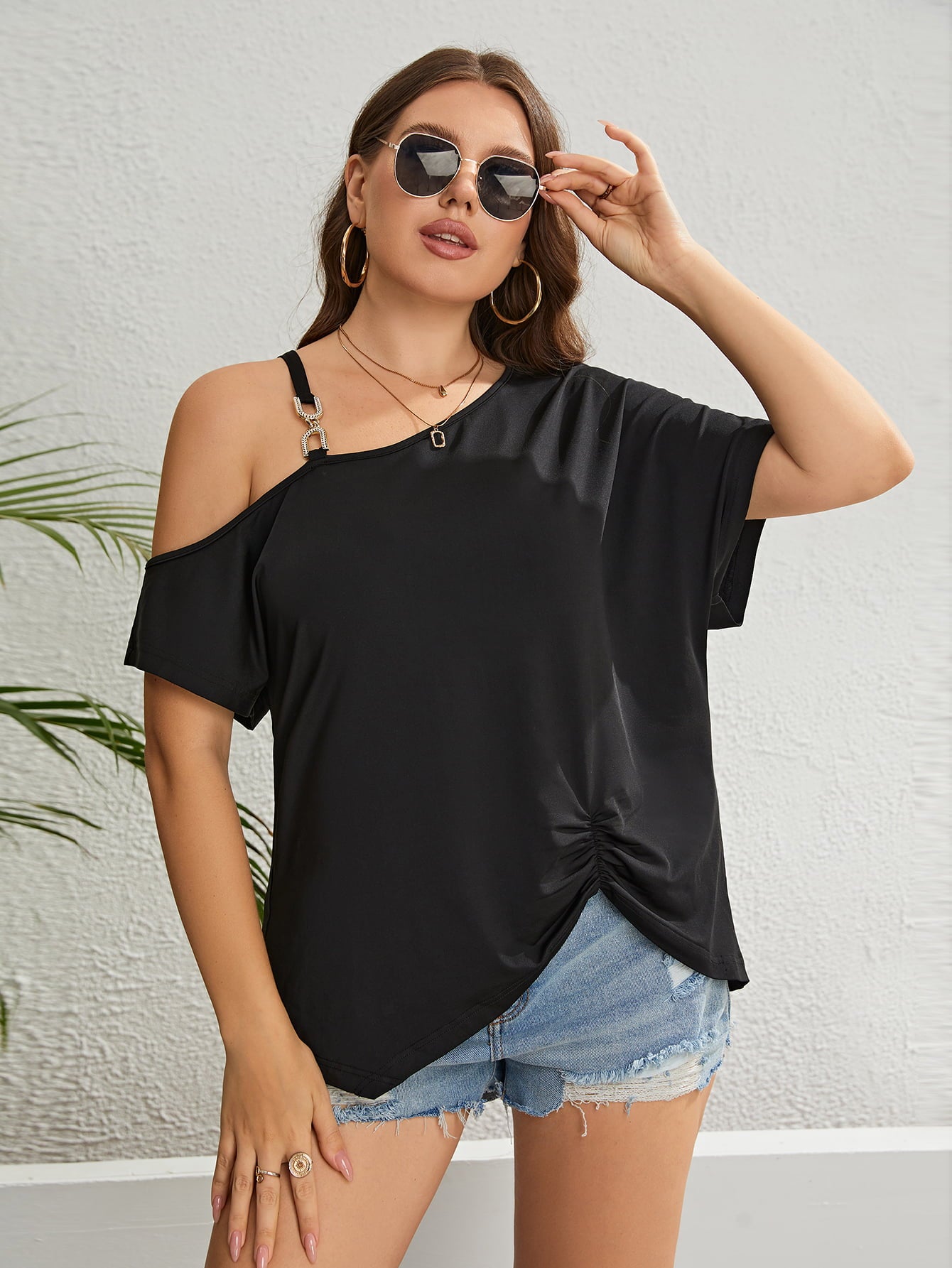 Plus Size Asymmetrical Neck Ruched Short Sleeve Blouse