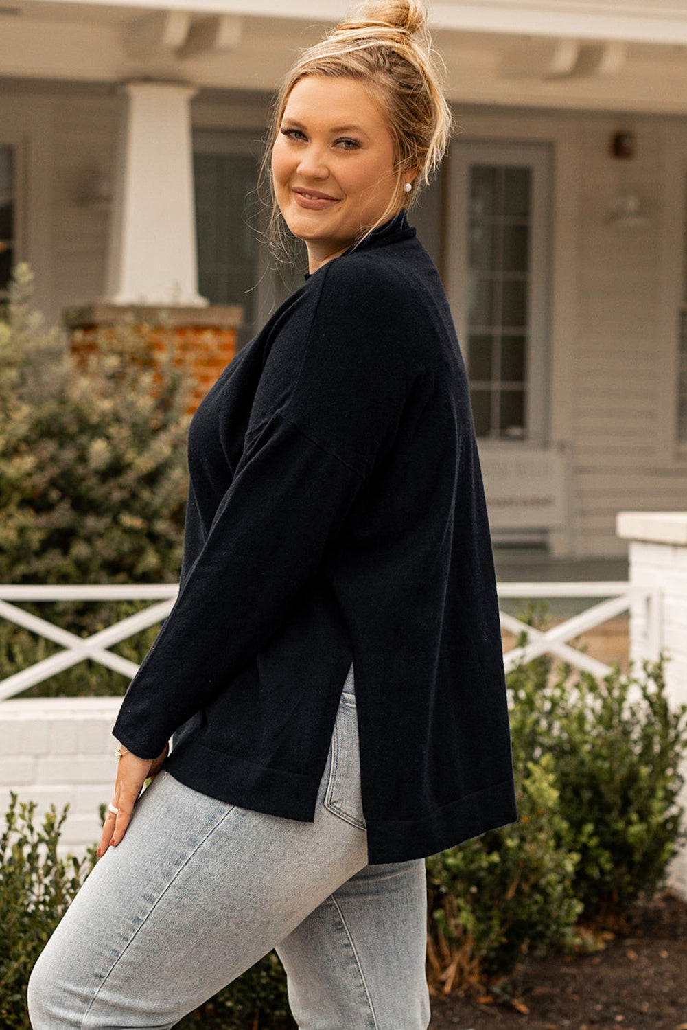 Plus Size Mock Neck Dropped Shoulder Sweater