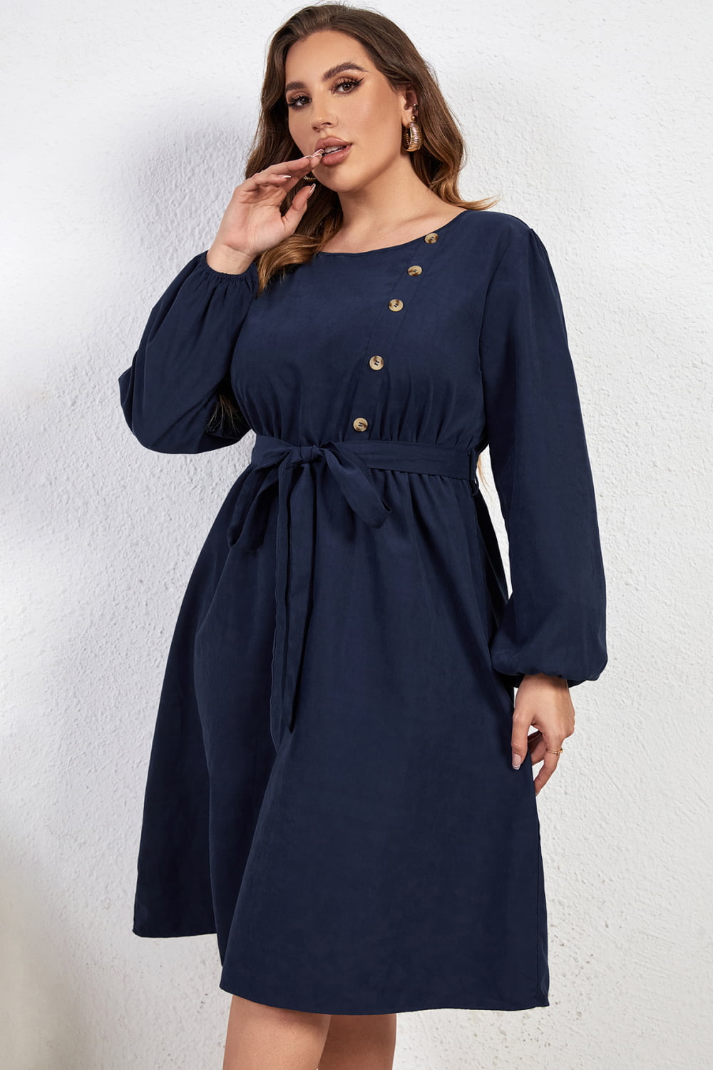 Melo Apparel Plus Size Buttoned Tie Belt Round Neck Long Sleeve Dress