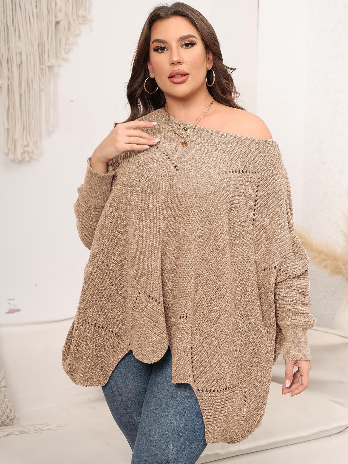 Plus Size Round Neck Batwing Sleeve Sweater