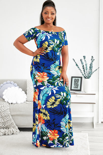 Plus Size Floral Off-Shoulder Short Sleeve Fishtail Dress