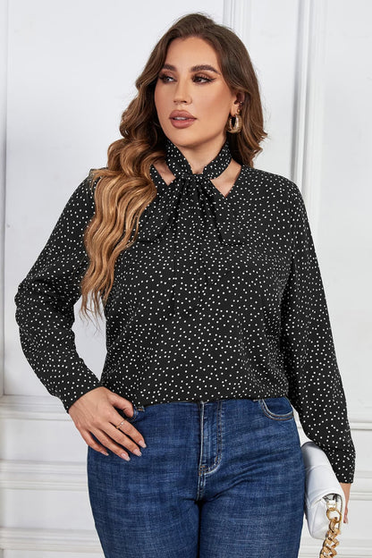 Melo Apparel Plus Size Printed Tie Neck Long Sleeve Blouse