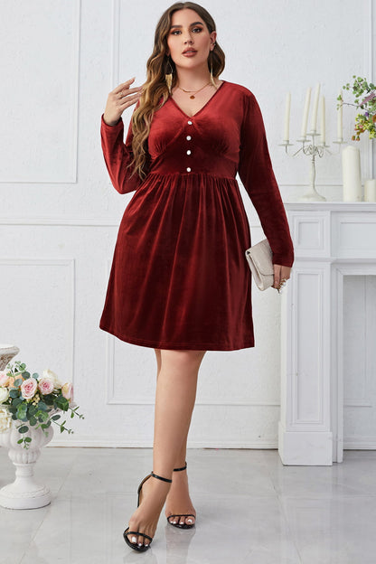 Melo Apparel Plus Size V-Neck Decorative Button Knee Length Dress