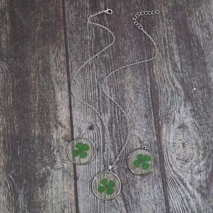 Lucky Clover Alloy Acrylic Earrings and Necklace Jewelry Set