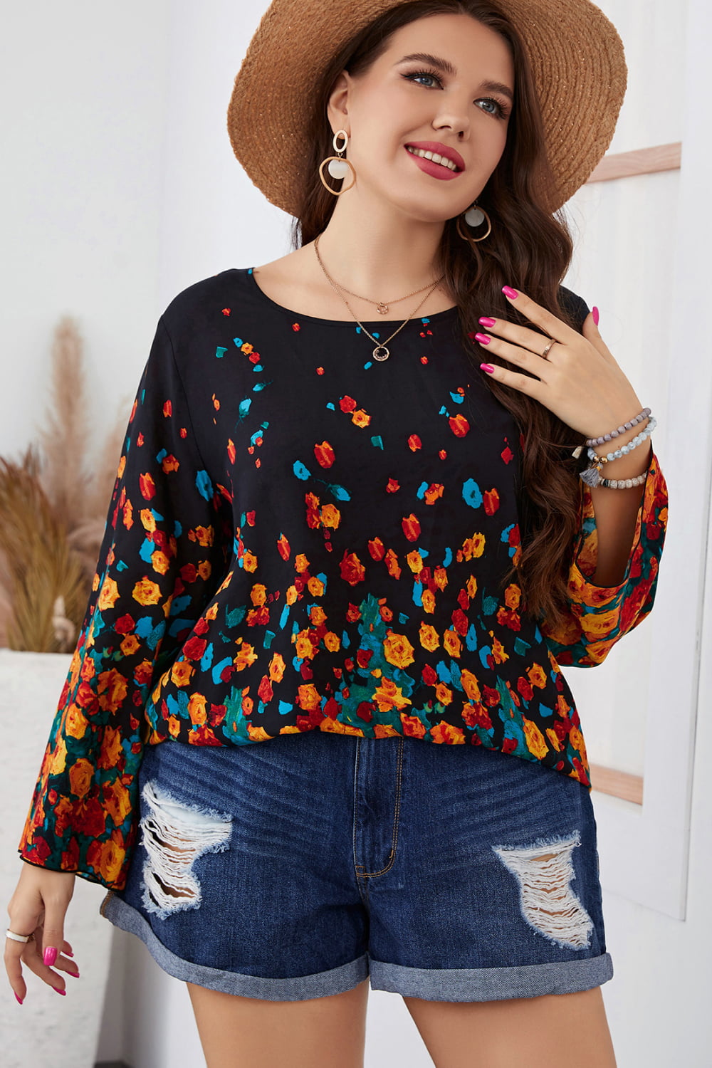 Melo Apparel Plus Size Floral Round Neck Long Sleeve Blouse