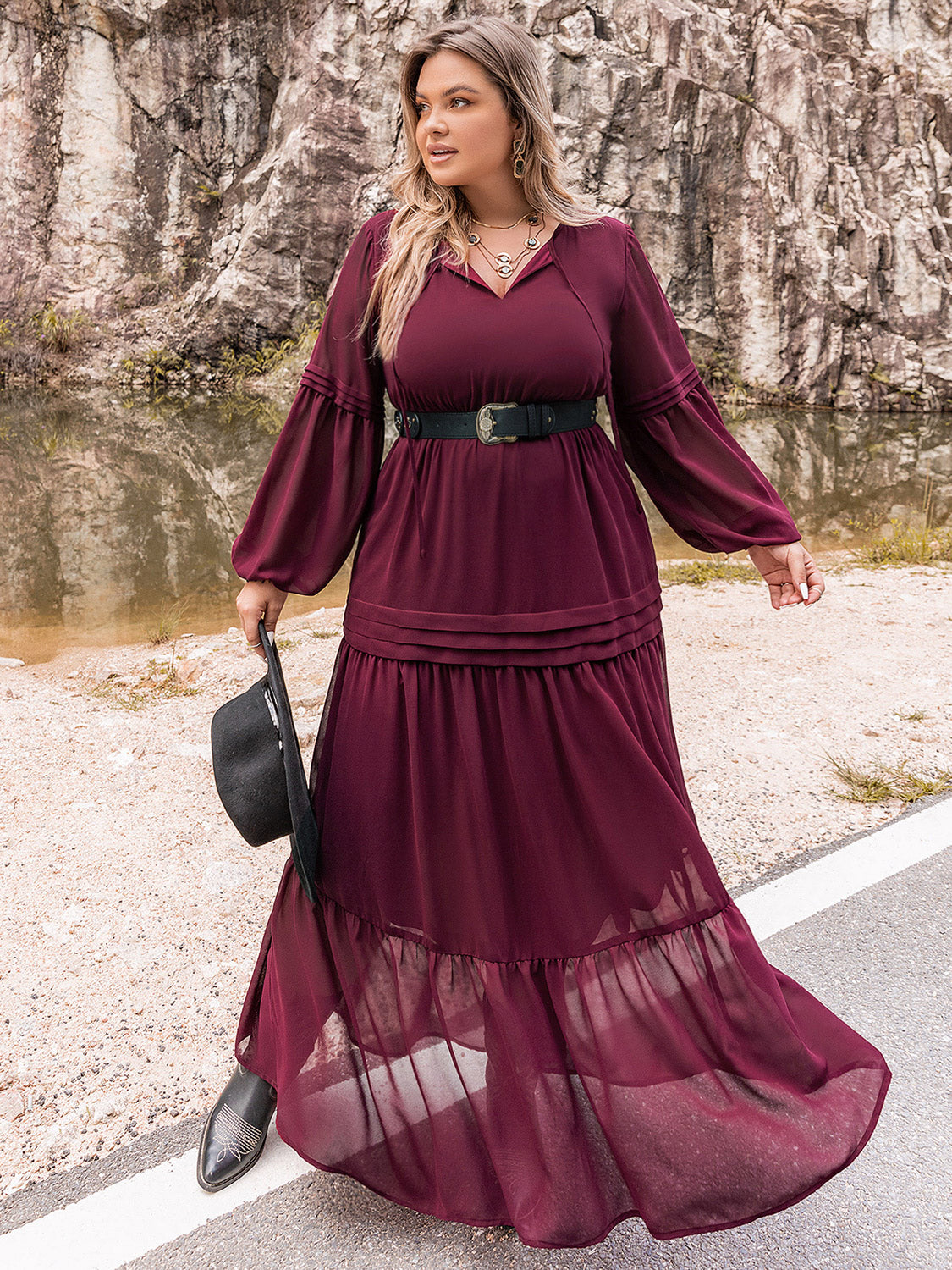 Plus Size Tie Neck Ballon Sleeve Tiered Dress