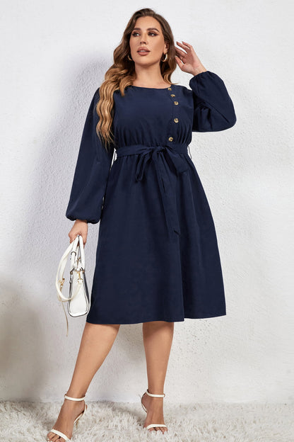 Melo Apparel Plus Size Buttoned Tie Belt Round Neck Long Sleeve Dress