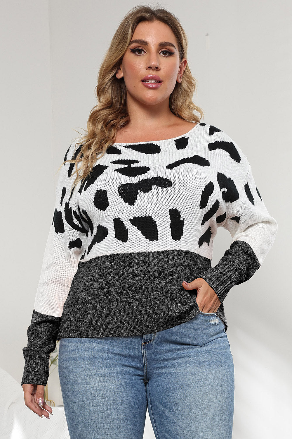 Plus Size Leopard Round Neck Long Sleeve Sweater