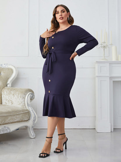 Melo Apparel Plus Size Buttoned Round Neck Tie Belt Midi Dress