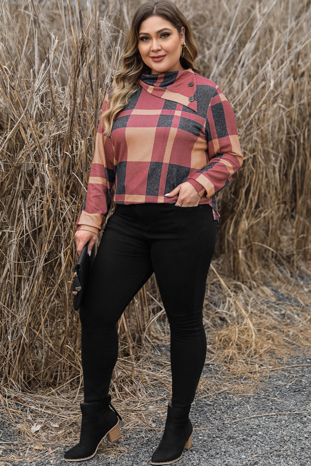 Plus Size Plaid Cowl Neck Long Sleeve Sweatshirt