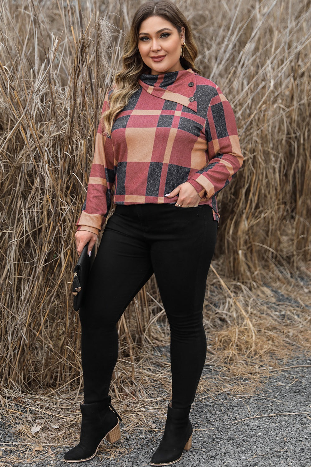 plus size plaid sweatshirt Plus Size Plaid Cowl Neck Long Sleeve Sweatshirt
