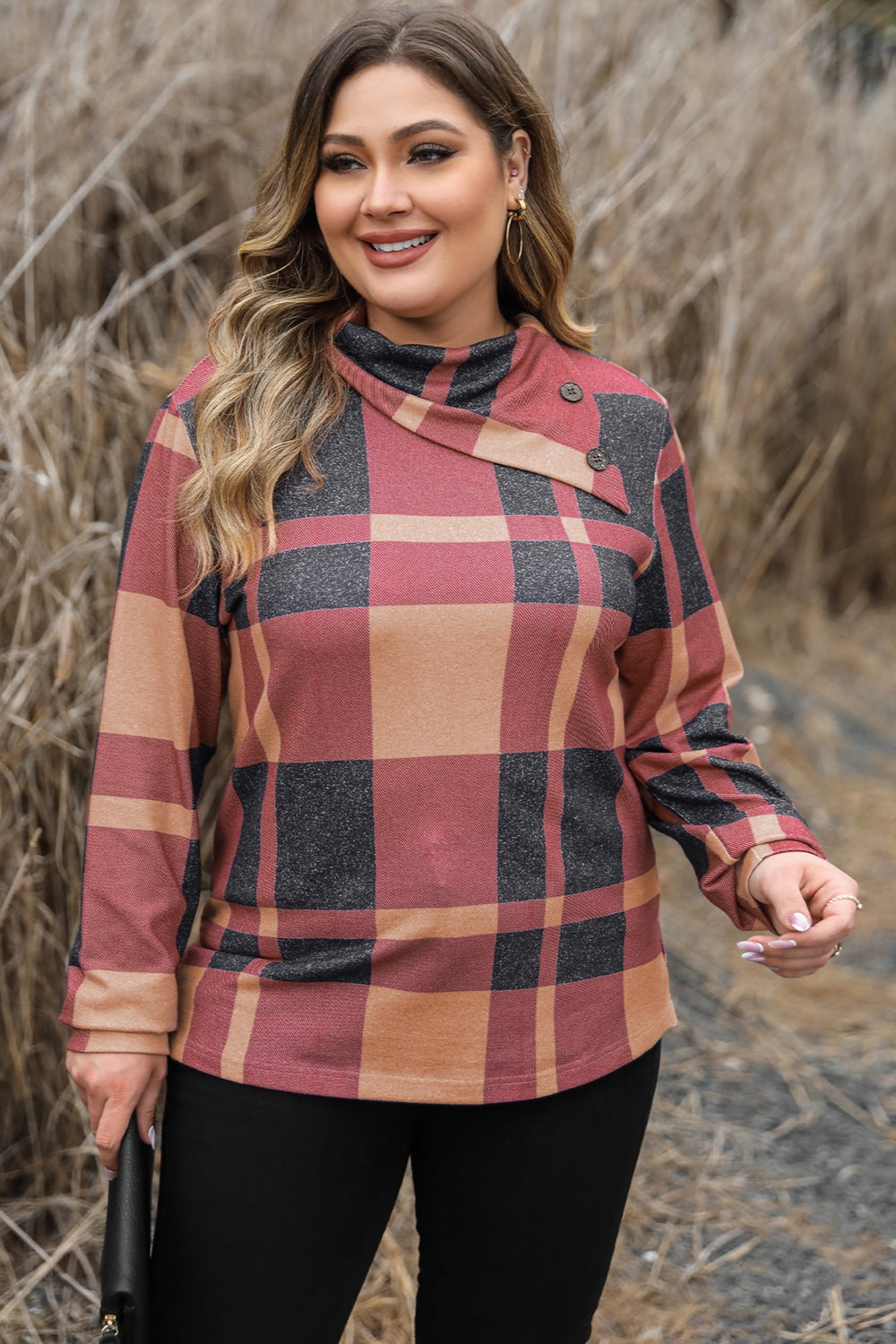plus size plaid sweatshirt Plus Size Plaid Cowl Neck Long Sleeve Sweatshirt