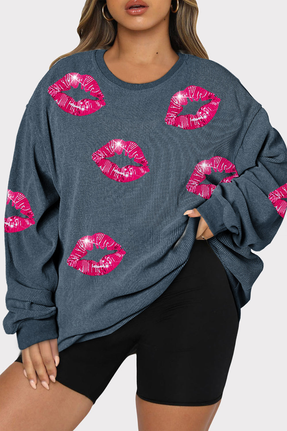 Plus Size Lip Ribbed Round Neck Sweatshirt