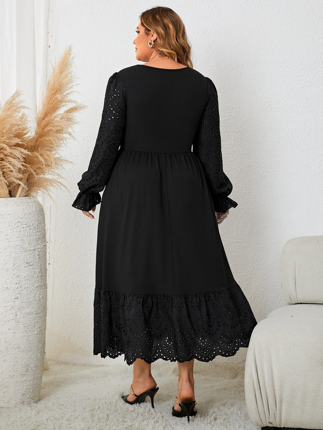 Plus Size Flounce Sleeve Lace Detail Dress