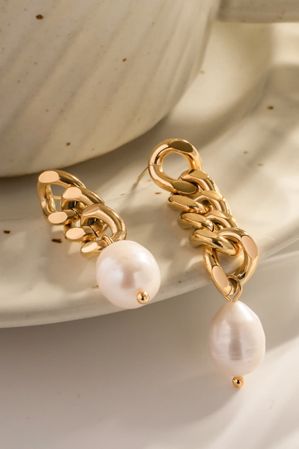 Stainless Steel Pearl Asymmetrical Earrings