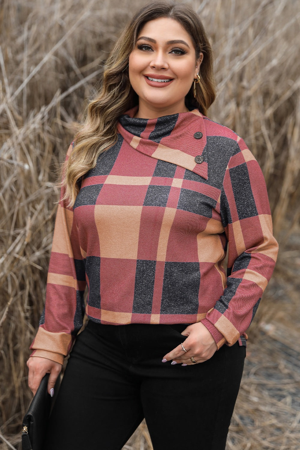 plus size plaid sweatshirt Plus Size Plaid Cowl Neck Long Sleeve Sweatshirt