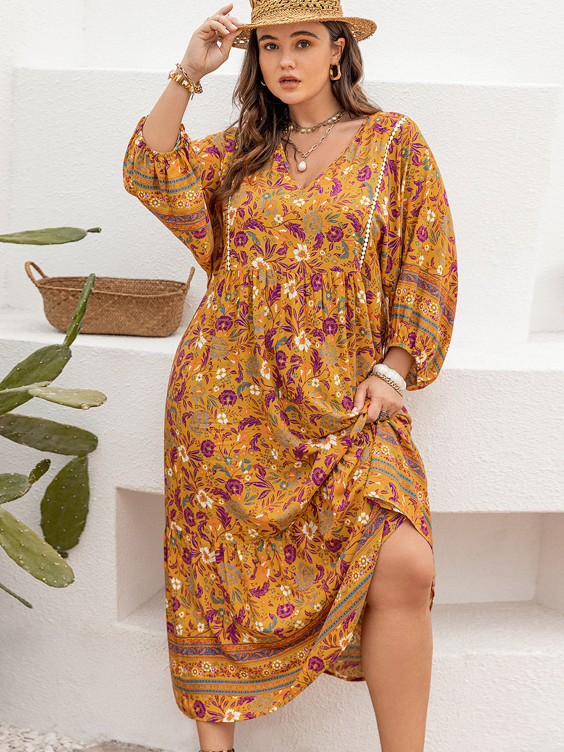 Plus Size Floral V-Neck Balloon Sleeve Midi Dress