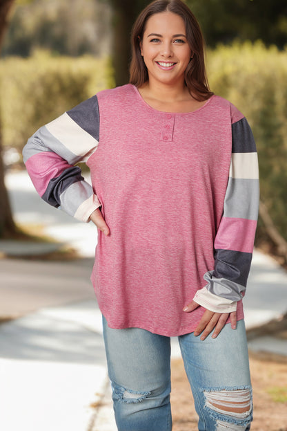 Plus Size Round Neck Color Block Long Sleeve T-Shirt