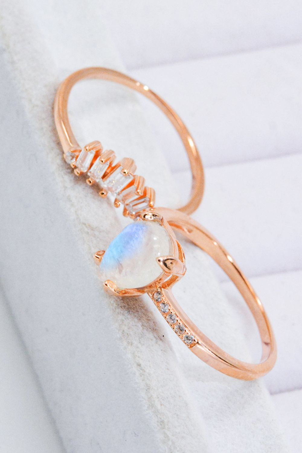 Natural Moonstone and Zircon 18K Rose Gold-Plated Two-Piece Ring Set