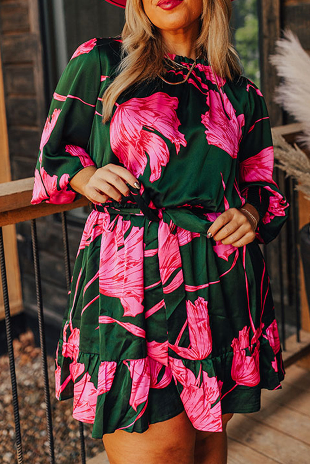 Plus Size Printed Lantern Sleeve Ruffle Hem Dress