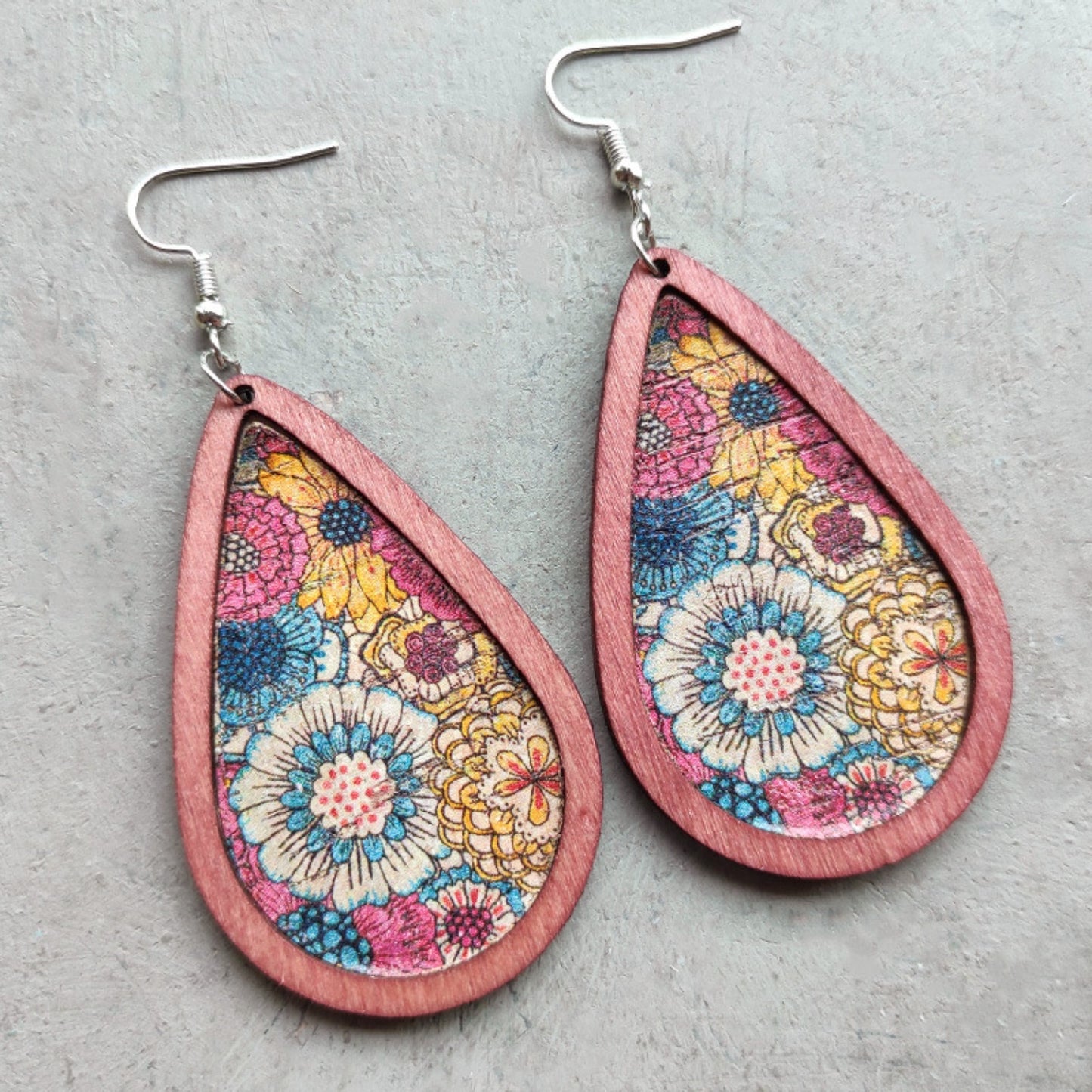 Floral Wood Teardrop Earrings