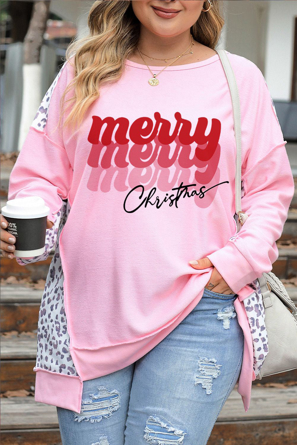 Plus Size MERRY CHRISTMAS Leopard Round Neck Sweatshirt