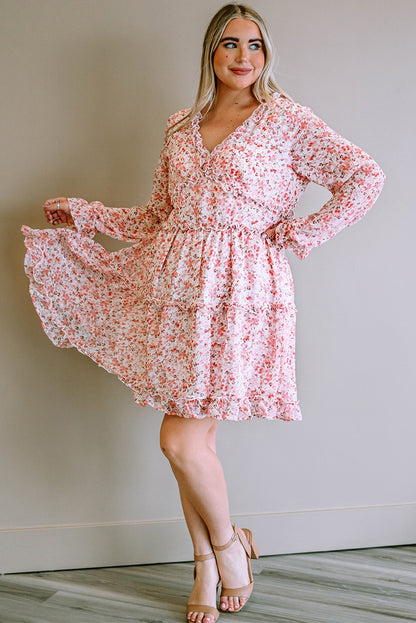 Plus Size Floral V-Neck Frill Long Sleeve Dress