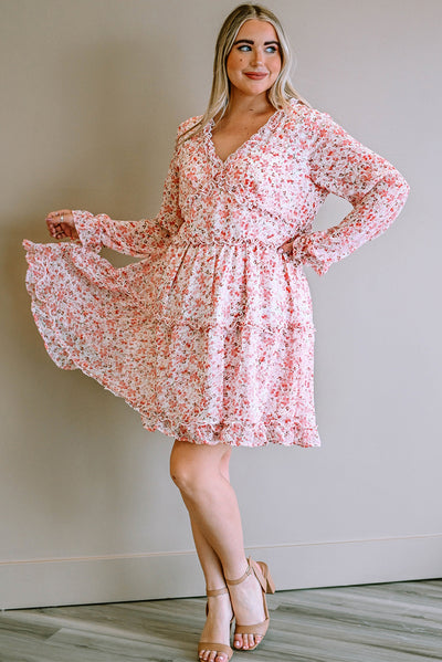 Plus Size Floral V-Neck Frill Long Sleeve Dress