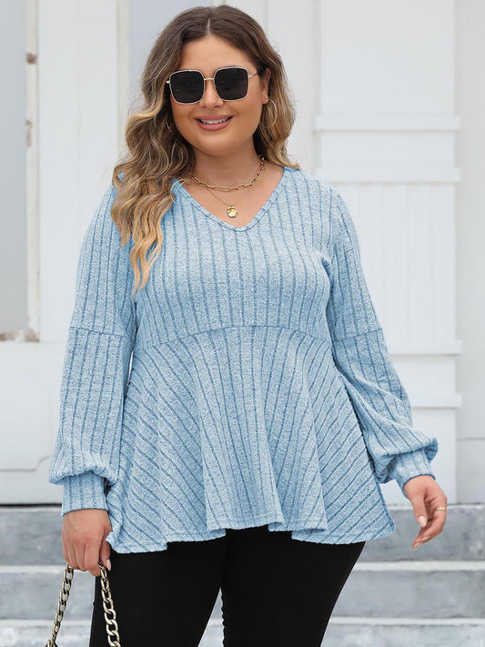 Plus Size Ribbed V-Neck Long Sleeve Blouse