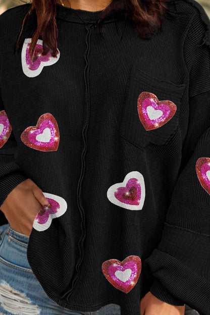 Plus Size Heart Sequin Round Neck Sweatshirt