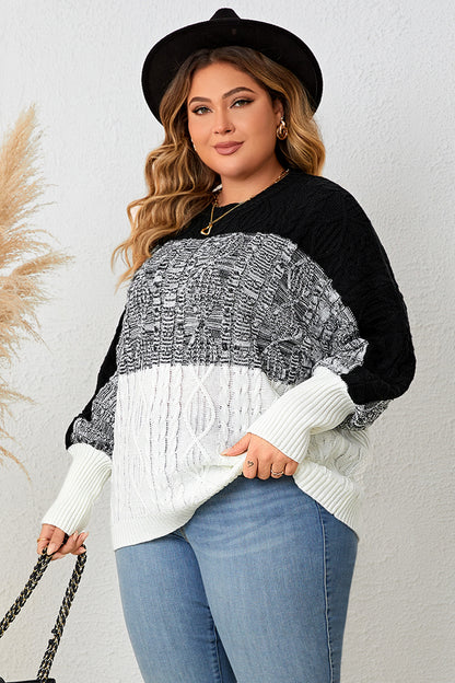 Plus Size Color Block Round Neck Cable-Knit Sweater