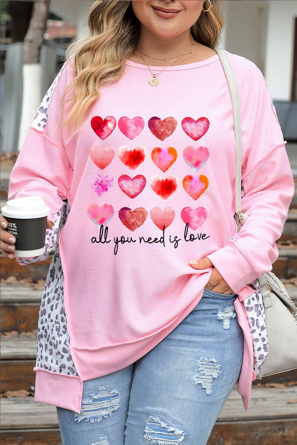 Plus Size Heart Leopard Dropped Shoulder Sweatshirt