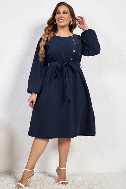 Melo Apparel Plus Size Buttoned Tie Belt Round Neck Long Sleeve Dress