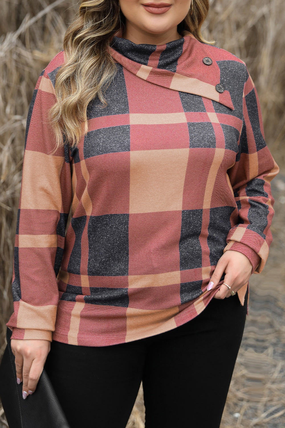 plus size plaid sweatshirt Plus Size Plaid Cowl Neck Long Sleeve Sweatshirt