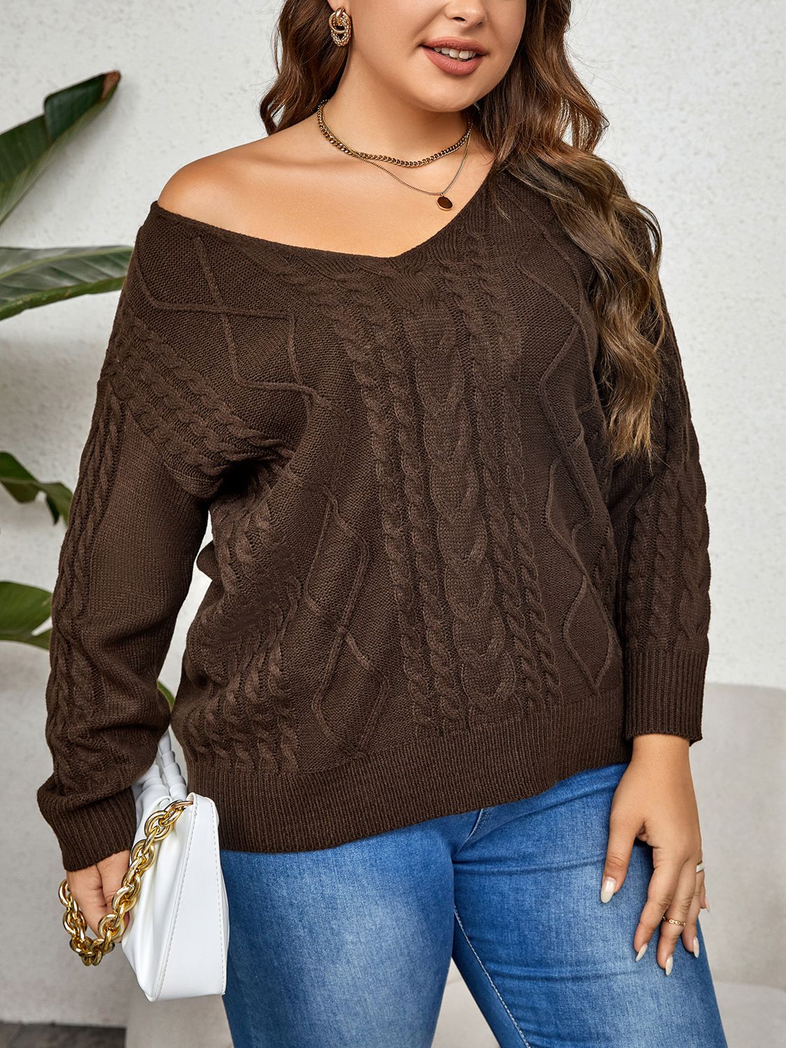 Plus Size V-Neck Cable-Knit Long Sleeve Sweater