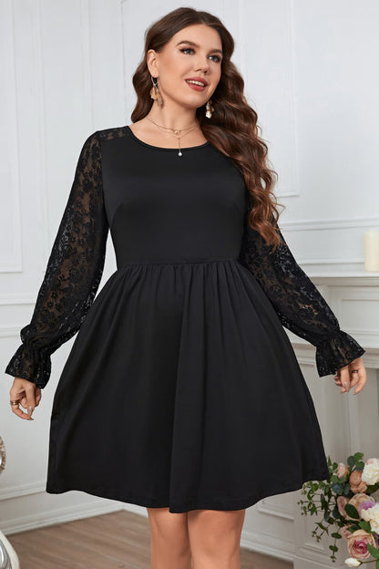 Melo Apparel Plus Size Lace Trim Round Neck Flounce Sleeve Dress