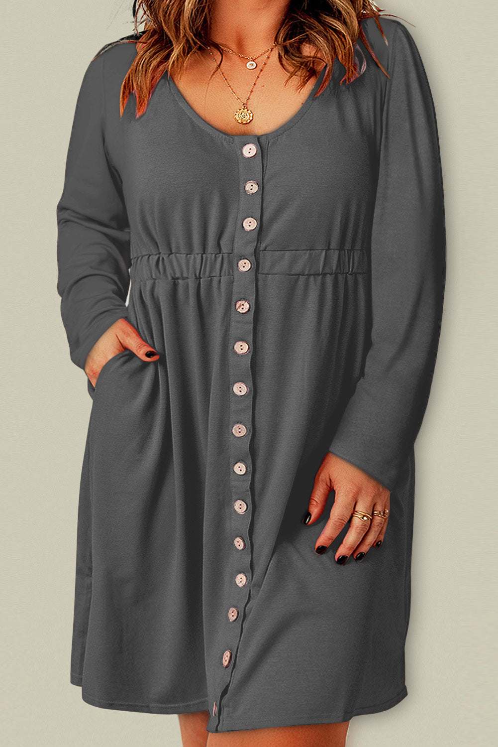 Plus Size Button Front Elastic Waist Long Sleeve Dress