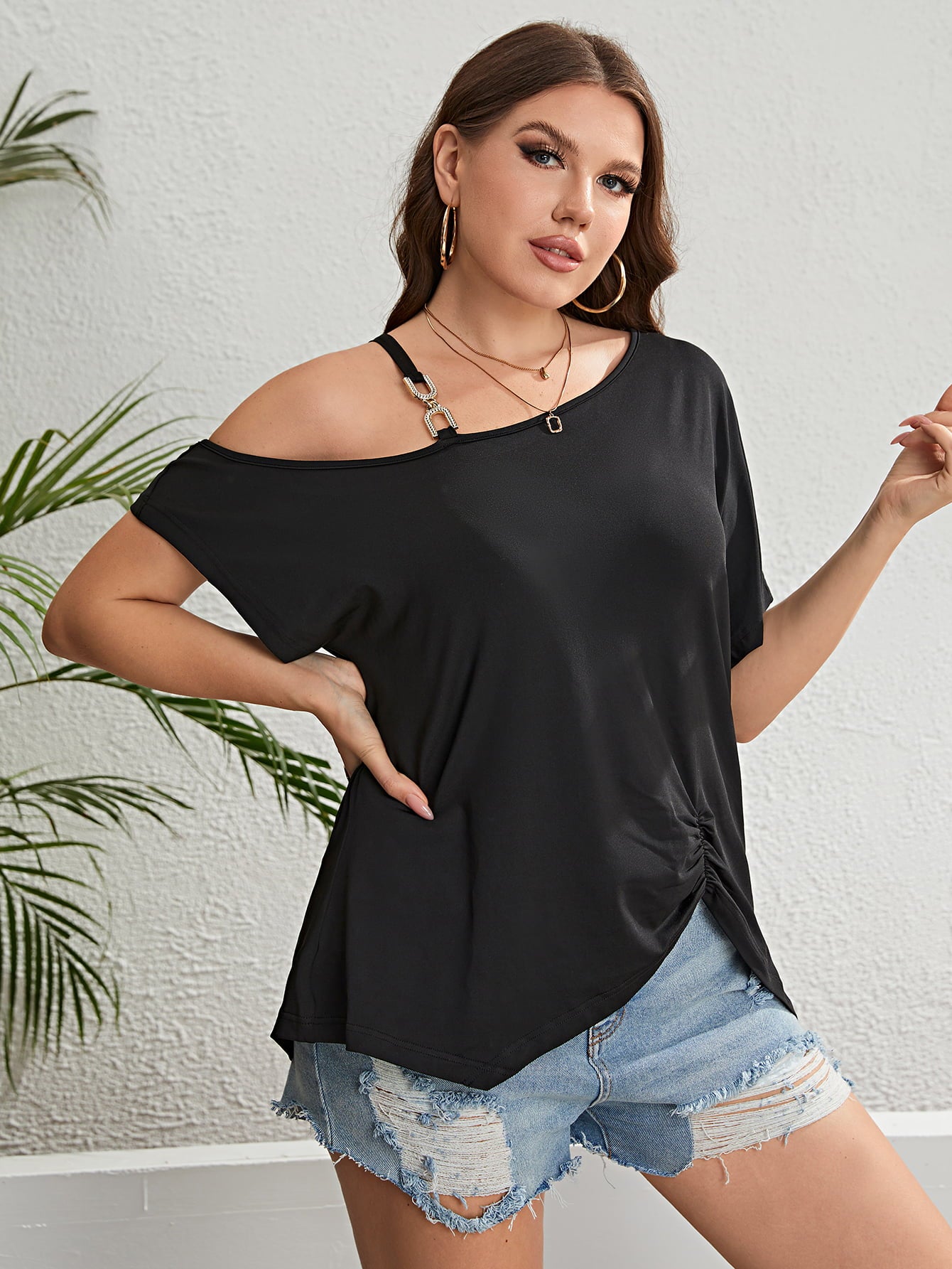 Plus Size Asymmetrical Neck Ruched Short Sleeve Blouse