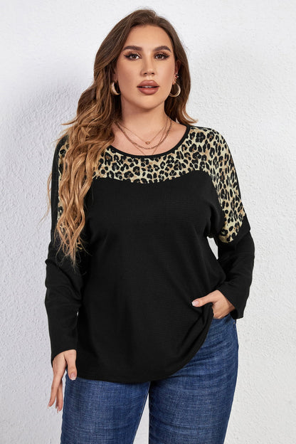 Melo Apparel Plus Size Leopard Trim Round Neck Long Sleeve Tee