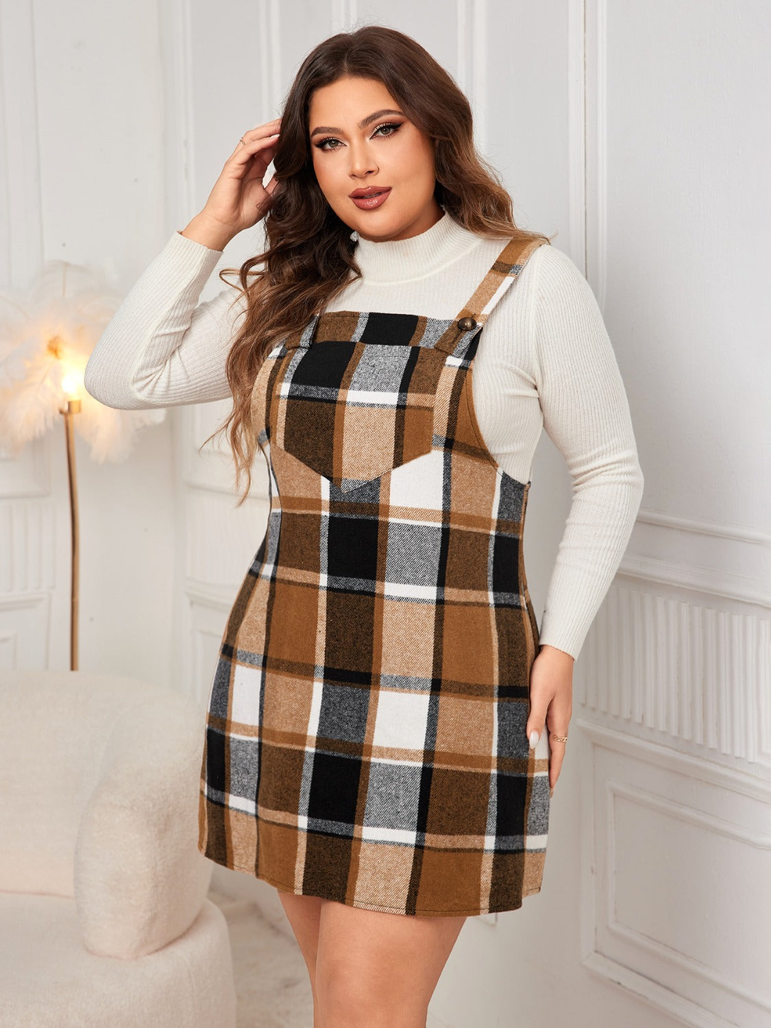 Honey Plus Size Plaid Wide Strap Overall Dress 3