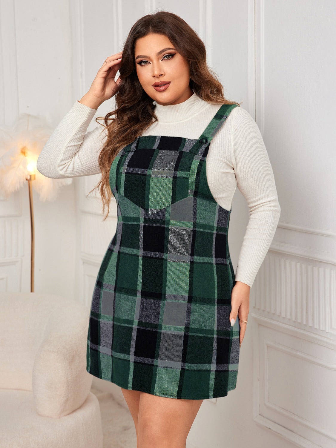 Honey Plus Size Plaid Wide Strap Overall Dress
 14