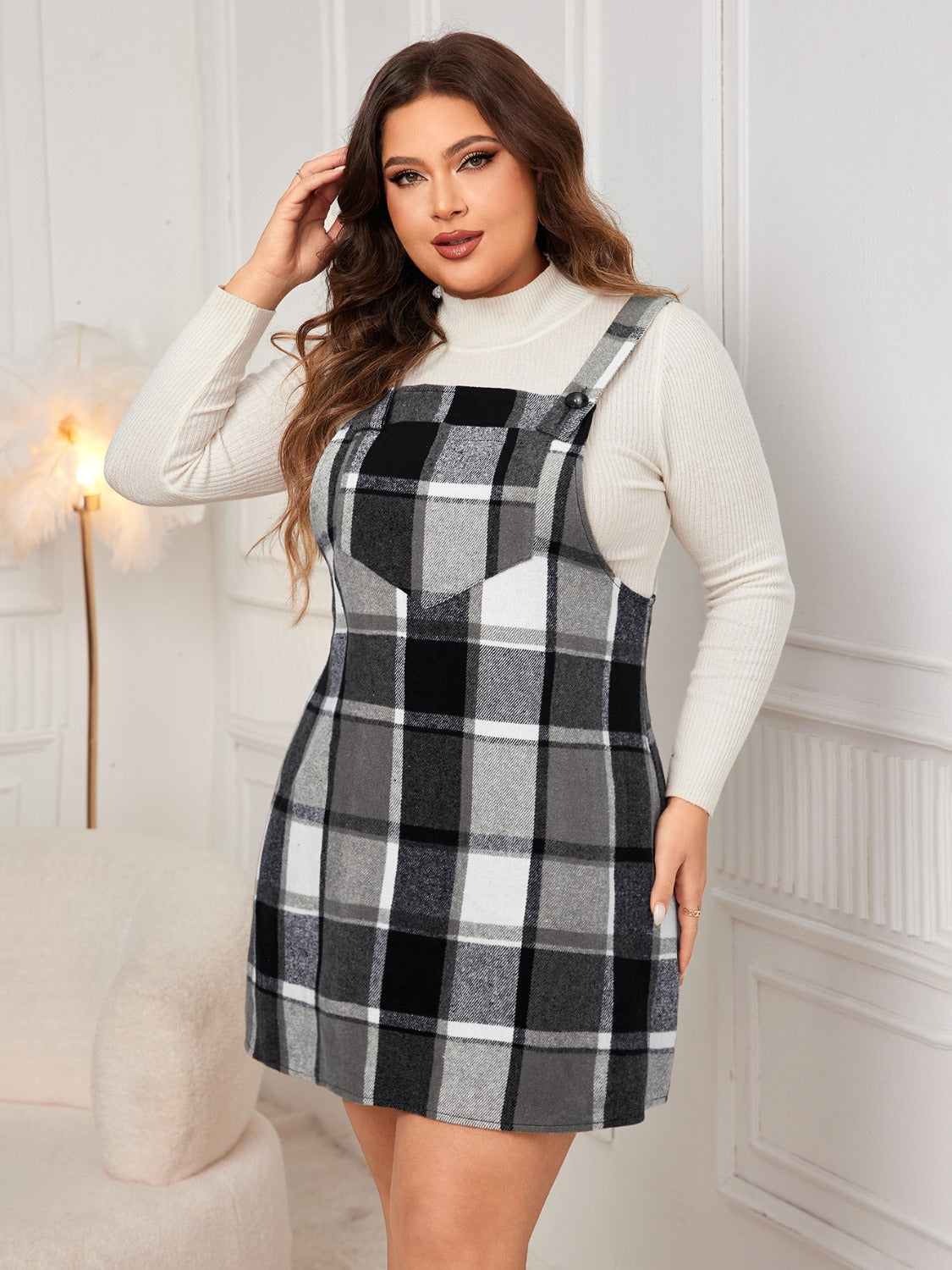 Honey Plu9s Size Plaid Wide Strap Overall Dress
