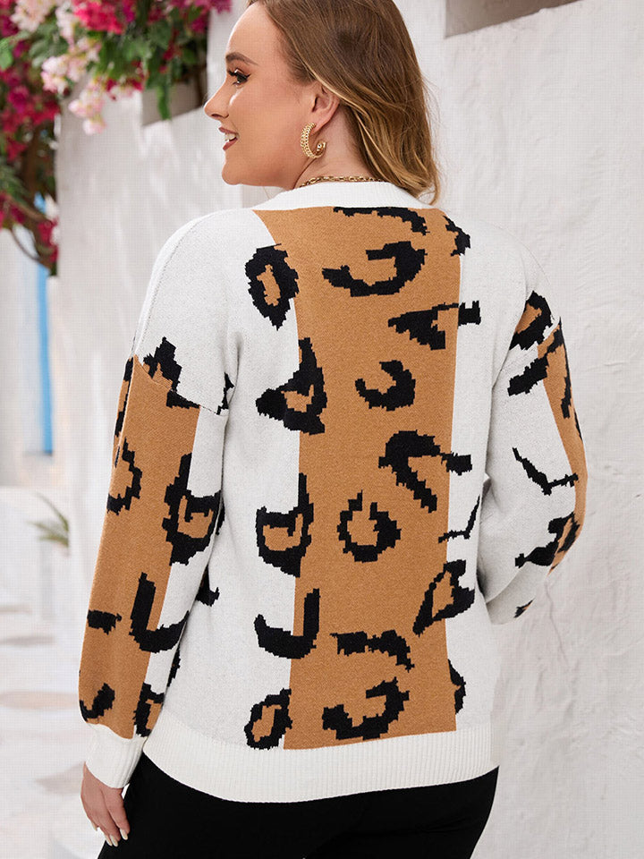 Plus Size Printed V-Neck Long Sleeve Sweater 2
