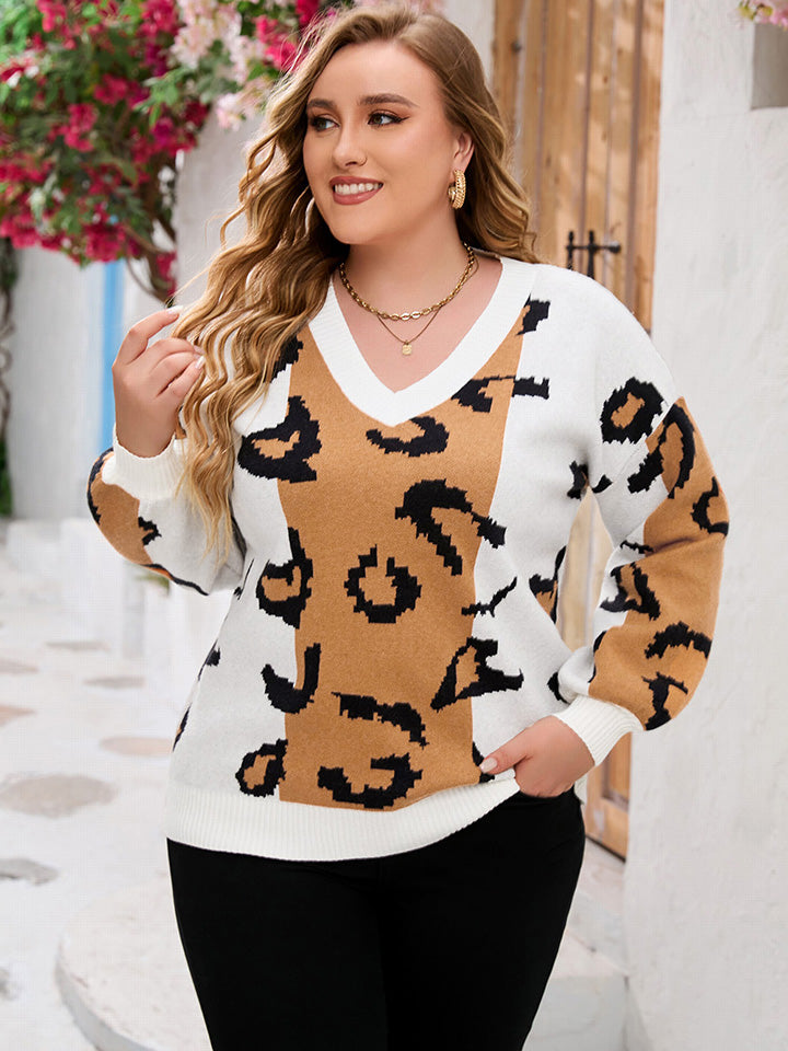 Plus Size Printed V-Neck Long Sleeve Sweater 3